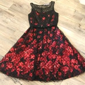 Beautiful red and black dress. Sheer overlay, full skirt. Excellent condition!